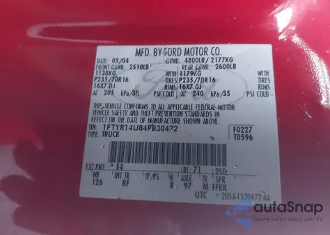 2004 Ford Ranger z USA, uszkodzony, nr VIN 1FTYR14U84PB30472